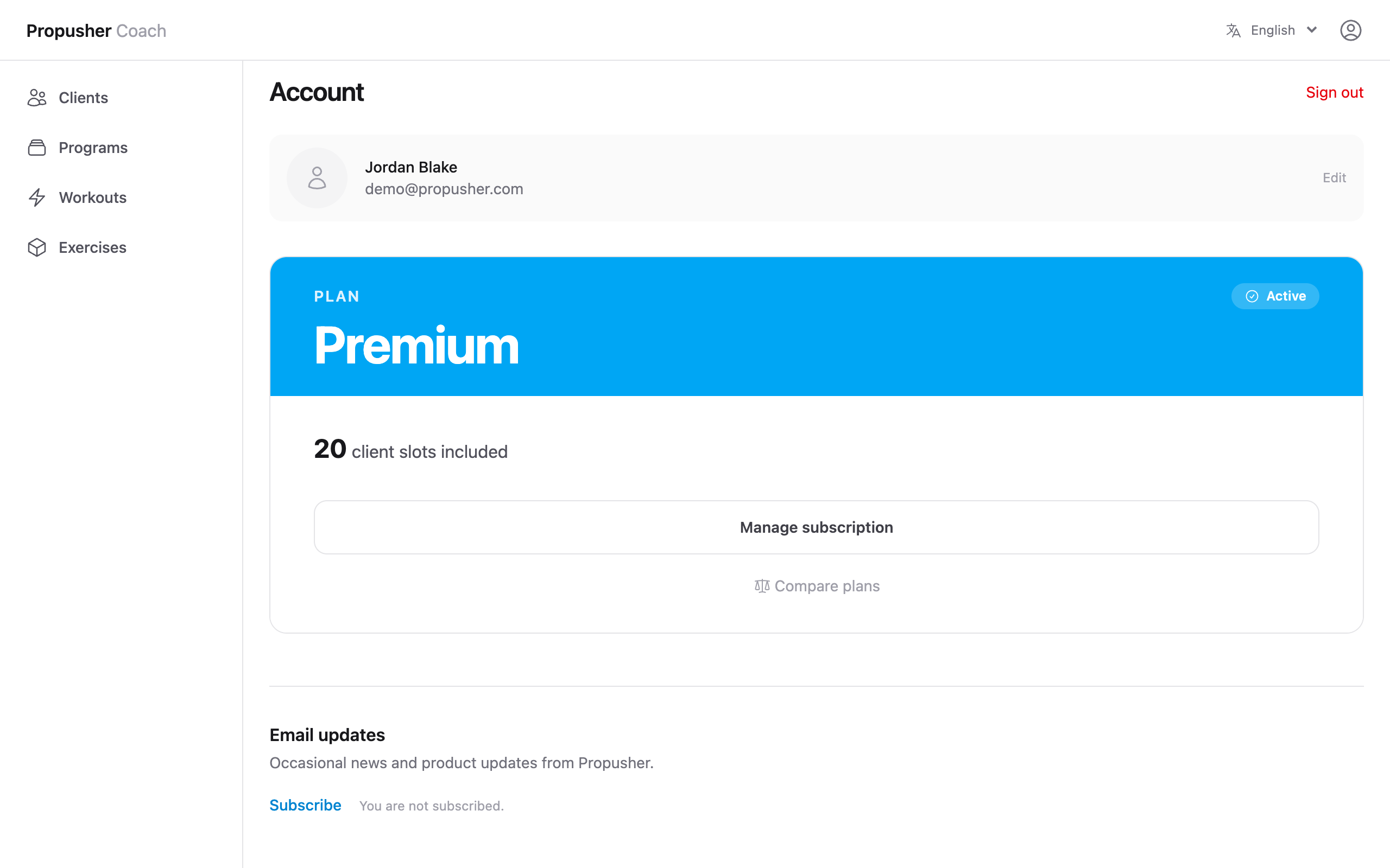 Account page with the Free plan card showing 3 client slots and an Upgrade to Premium button