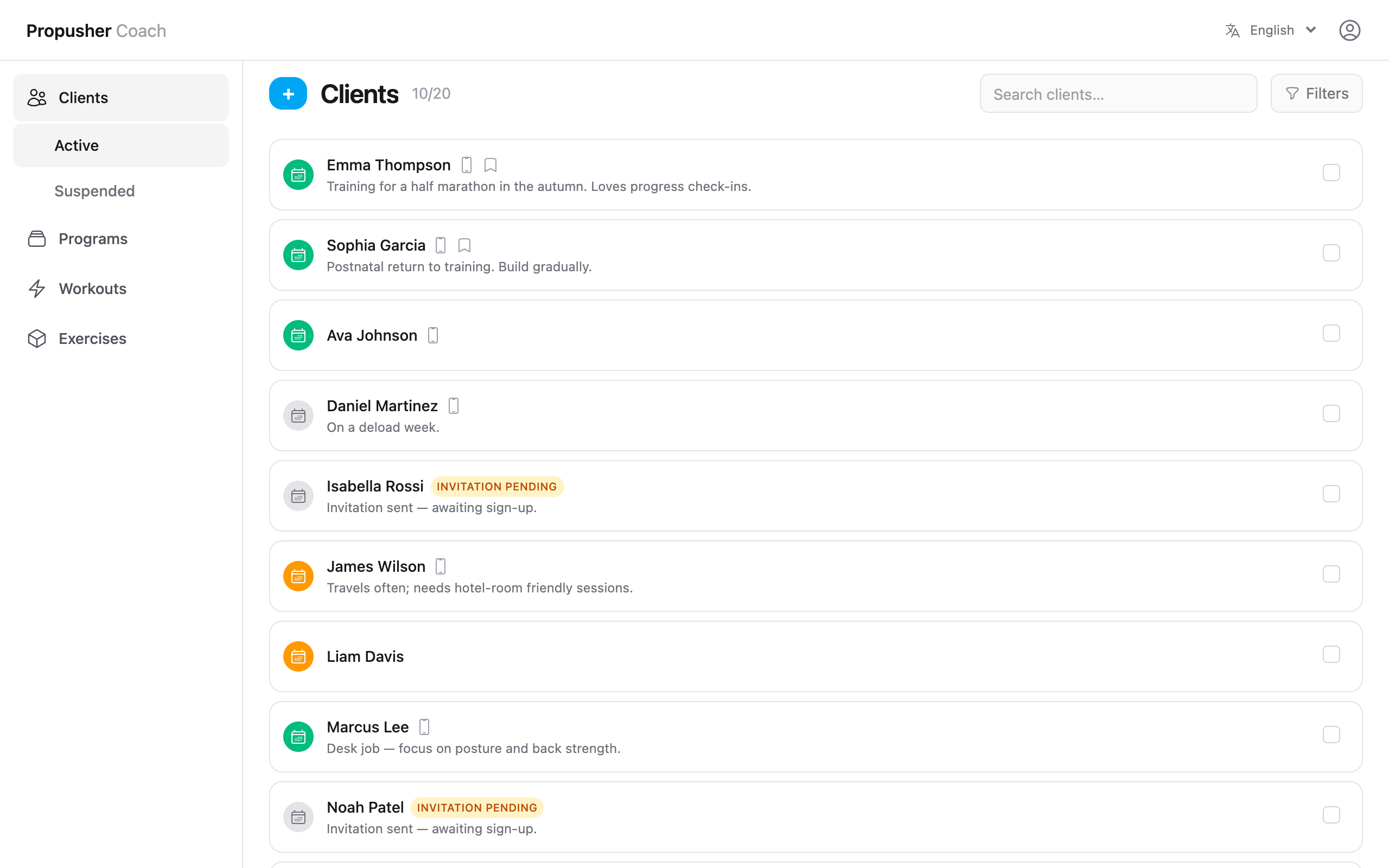 Clients page with a roster of active clients and the count of used slots