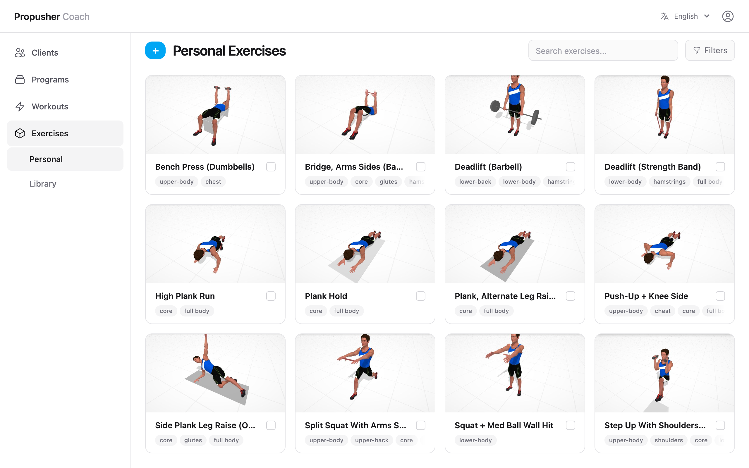 Grid of personal exercises with 3D previews and muscle-group tags