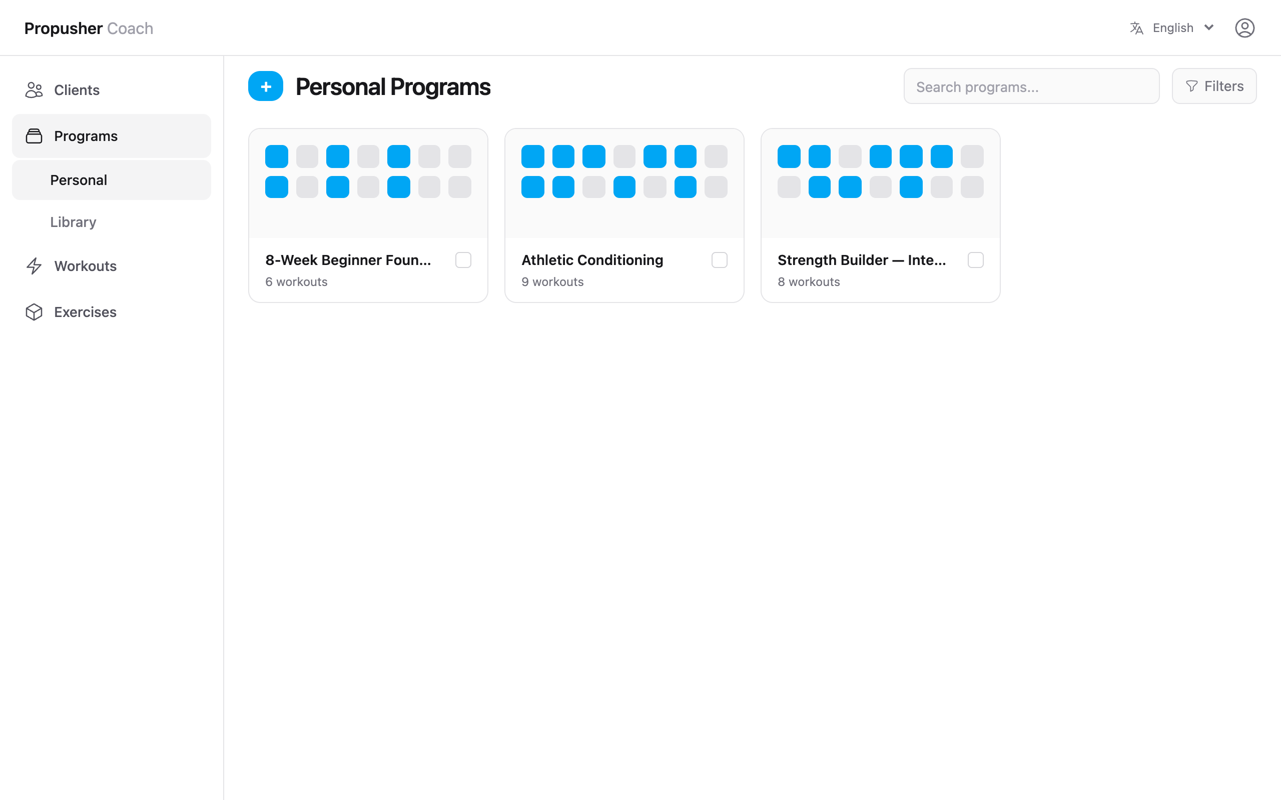 Programs page showing a weekly program template card with a 7-day mini calendar