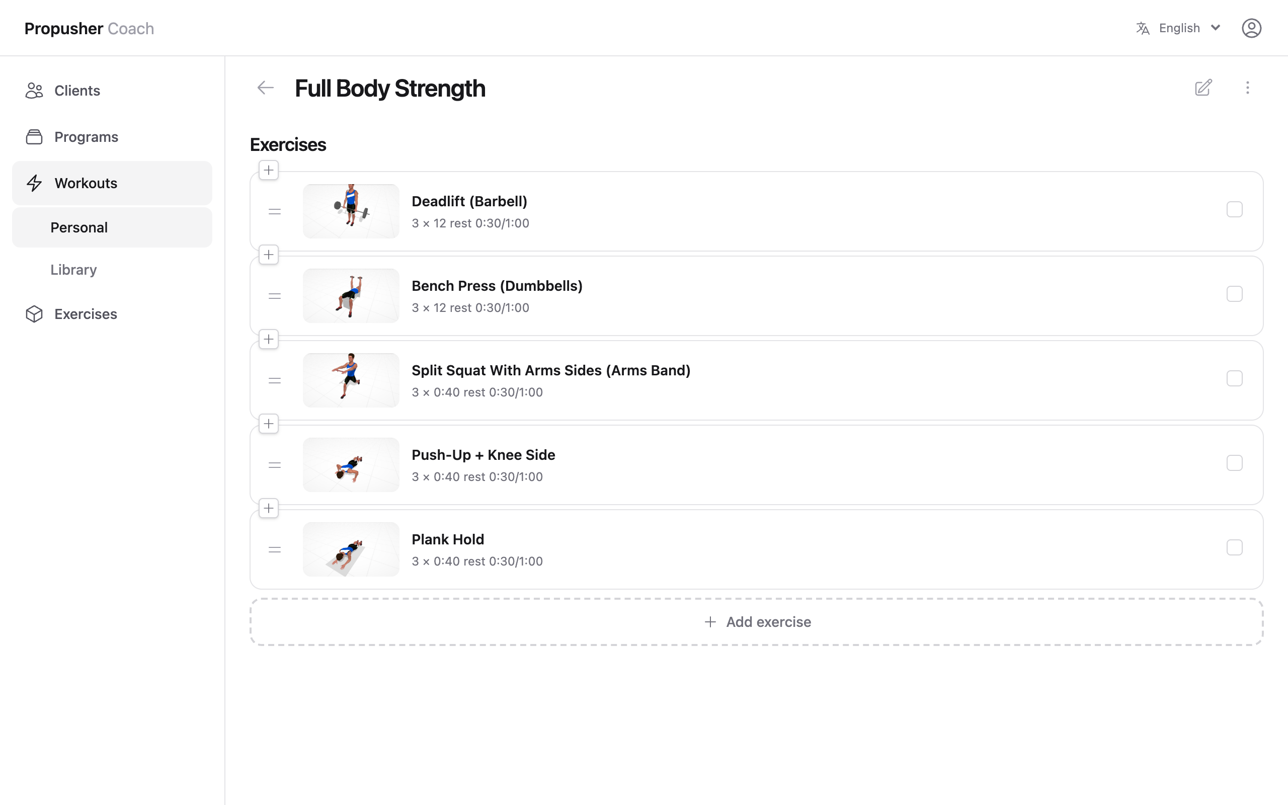 Workout edit page listing exercises with sets, reps, and per-row Duplicate and Delete actions